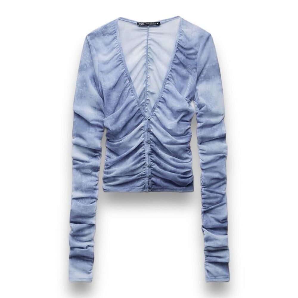 Zara Top Women’s S Blue Ruched Plunge Button Down Sheer Blouse Deep V Tie Dye